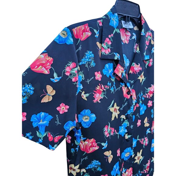 Vintage Kasper ASL Blouse 6 Skirt 10 Set Hawaiian Outfit Black Floral Shirt Top - Picture 13 of 16